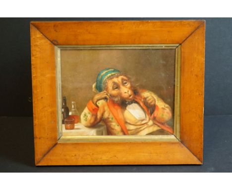 Oil on board, a caricature portrait of a monkey depicting a gentleman of leisure 