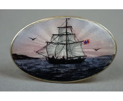 A vintage Scandinavian silver and enamel brooch with a sailing ship at sea. 