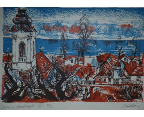 SZANTHSWAIRE ? (Twentieth/Twenty First Century)  ARTIST SIGNED LIMITED EDITION COLOURED WOOD  BLOCK PRINT Town scene with riv