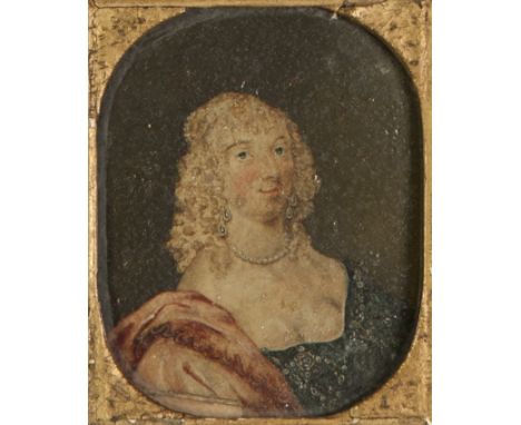 BRITISH SCHOOL (17th CENTURY) OIL PAINTING ON METAL Oval portrait miniature of a lady, bust-length (over- painted background)