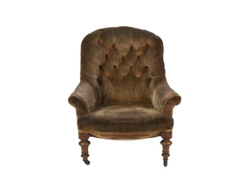 VICTORIAN SPOON BACK EASY ARMCHAIR, with deep button back, sloping arms and bow fronted seat, covered in olde gold plush and 