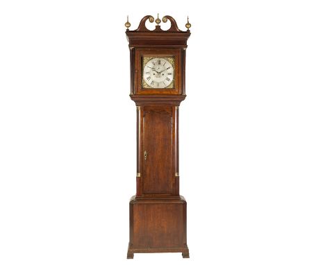 GEORGE III OAK AND MAHOGANY LONGCASE CLOCK, Signed Richard Hackett, Harringworth, the 12 1/4" brass dial with silvered chapte