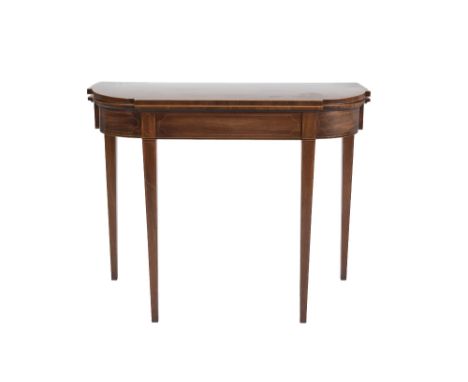 GEORGE III MAHOGANY AND BOXWOOD LINE INLAID CARD TABLE, the shaped oval fold over top enclosing a green baize lined interior 