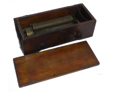 A NINETEENTH CENTURY WALNUTWOOD CASED SWISS MUSICAL BOX WITH 8 1/8" (20.6cm) brass cylinder and steel comb (two teeth absent)