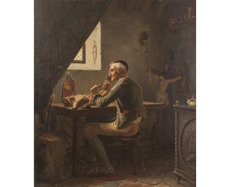 CONTINENTAL SCHOOL (19TH CENTURY) OIL PAINTING ON RE-LINED CANVAS A woodcarver at his work bench in an interior,  indistinctl