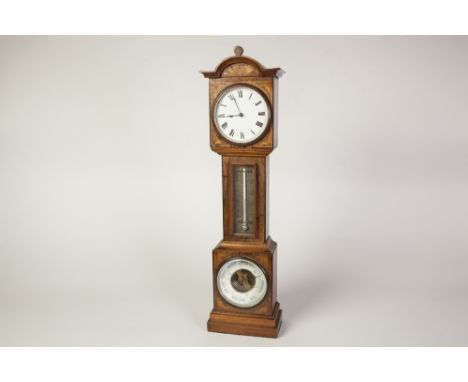 EARLY TWENTIETH CENTURY COMBINATION CLOCK, THERMOMETER AND ANEROID BAROMETER, in an inlaid rosewood longcase clock pattern ca