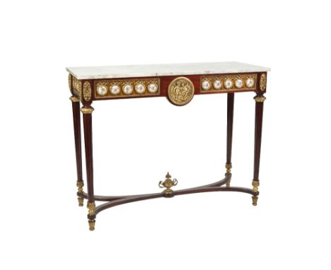 LOUIS XVI STYLE MAHOGANY AND GILT METAL MOUNTED CONSOLE TABLE, the oblong grey veined marble top above a frieze decorated wit