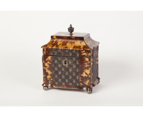 GEORGE III TORTOISESHELL PAGODA TOPPED RECTANGULAR TEA CADDY, the hinged lid with metal urn finial, enclosing a single compar