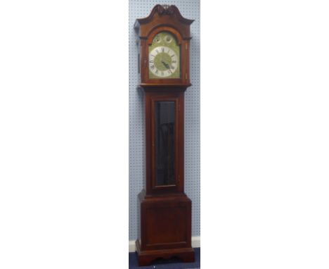 REPRODUCTION FIGURED MAHOGANY LONGCASE CLOCK, the 11" engraved brass dial with silvered chapter ring, scroll engraved decorat