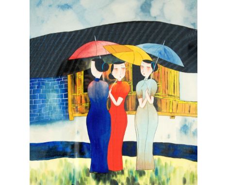 CHINESE SCHOOL (CONTEMPORARY) GOUACHE DRAWINGS, two studies, one with two characters as a red seal 24" x 24" (61 cm x 61 cm) 