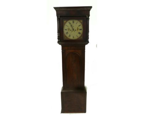 EARLY NINETEENTH CENTURY FIGURED MAHOGANY LONGCASE CLOCK , signed I. Vickers, Doncaster, the 14" painted Roman dial with subs