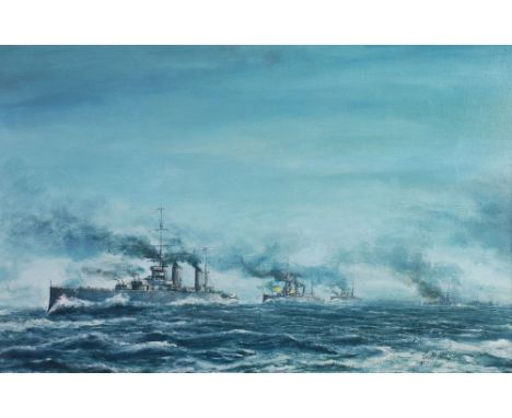 GEOFF SHAW (Twentieth/Twenty First Century) OIL PAINTING ON ARTIST BOARD 'HMS Queen Mary, at Heligoland Bight'  Signed, title
