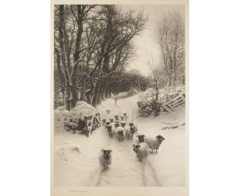 HERBERT SEDCOLE AFTER JOSEPH FARQUAHARSON  MEZZOTINT ENGRAVING Flock of sheep in snow Signed by both artists in pencil, Publi