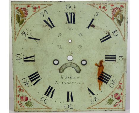 EARLY NINETEENTH CENTURY PAINTED LONGCASE CLOCK DIAL, signed Aloses Evans, Llangerniew, with subsidiary seconds dial, date ap