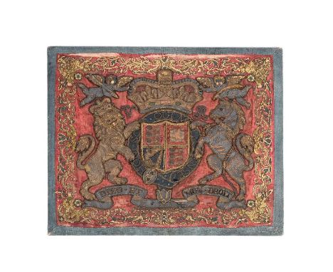 An embroidered coat of arms, English circa 1840

The initials ‘V R’ worked in cord and denoting 'Victoria Regina'.
45cm x 56c