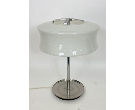 A vintage opaque and chrome two-light table lamp
The inverted cylindrical shade on chrome stem and circular base, 56cm high.