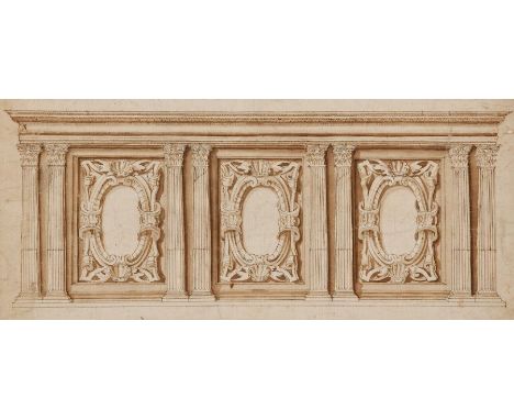 Architectural design
Roman School, circa 1620
Pen and ink and wash

18cm x 40cm

Provenance:
Joanna Booth Antiques, London


