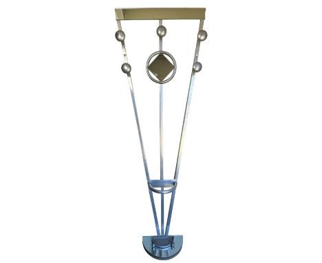 An Art Deco style brushed aluminium and mirror glass coat rack&nbsp;
Of fan shape, with five hooks, an umbrella stand and dri