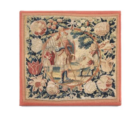 A 17th century Flemish framed tapestry panel of David and Goliath
Within a floral border, 56cm x 59cm.

Provenance:
Joanna Bo