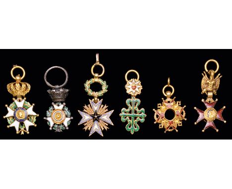 Miniatures (6): Individual 19th Century pieces of good quality manufacture, all in gold and enamels except where stated, smal