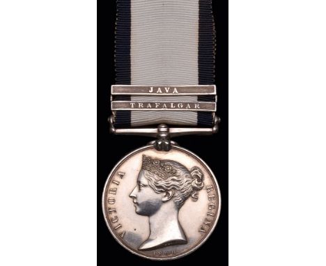 The 2-clasp N.G.S. Trafalgar & Java awarded to Private William Morris, Royal Marines, who served aboard H.M.S. Belleisle duri