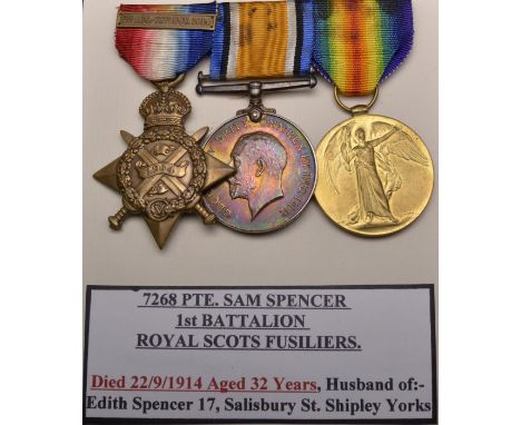 An Early Great War ‘Mons’ Casualty Trio awarded to Private Samuel Spencer, 1st Battalion Royal Scots Fusiliers, killed in act