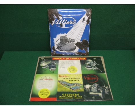 Cushion enamel advertising sign for Hispano Villiers Motorbike Engines in Spanish, blue and white with a large illustration o