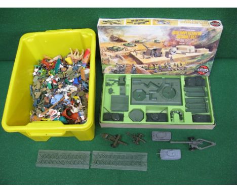 Airfix, 1974 OO scale snap together Gun Emplacement Assault set, boxed but without figures, Pontoon Bridge parts, two Crescen
