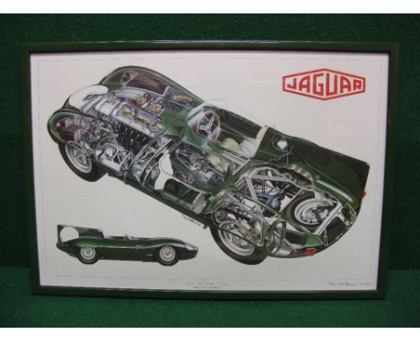 Tony Matthews, Limited Edition signed print of a sectionalised 1955 Jaguar D Type - 21" x 15", framed and glazed