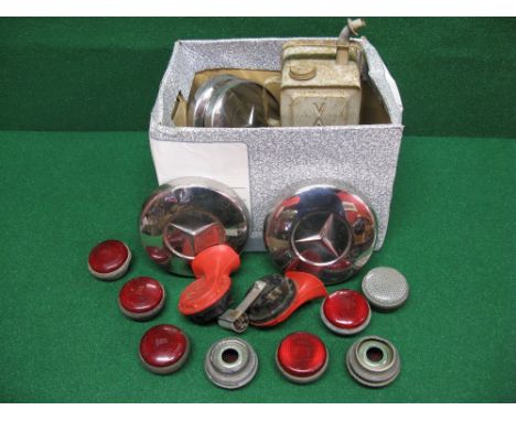 Quantity of screw fitting light lenses believed to be for MOD Land Rover Defenders, four Mercedes hub caps, pair of horns and