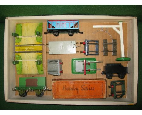 Hornby and Marx O gauge, level crossing, three buffer stops, empty Pullman coach box, homemade loading gauge and buffer stop,
