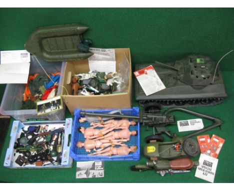 Action Man, five figures, tank, field gun, motorcycle and side car, sledge and huskies, rib with outboard, quantity of clothi