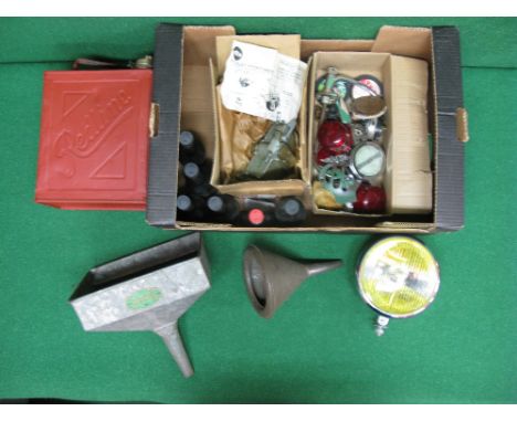 Redline two gallon fuel can, pair of new old stock Trico vacuum operated wiper motors, 8" Simms chrome fog lamp, quantity of 