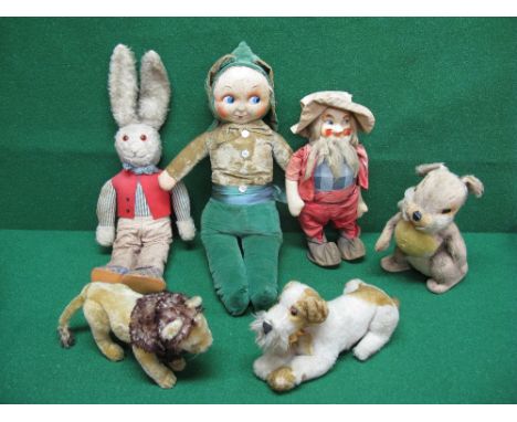 Five vintage soft toys to include: Wendy Boston terrier, Merrythought rabbit and a 1950's/1960's  mohair lion believed to be 