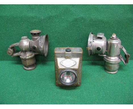 Two Lucas acetylene bicycle lamps to comprise: Calcia Club and an early Colonia No. 260  together with a battery powered bras