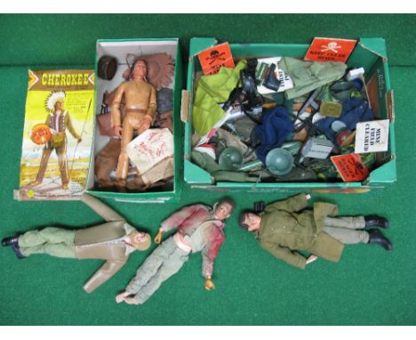 Action Man, three figures together with clothes, equipment, weapons, head ware etc and a Marx Chief Cherokee The Action India