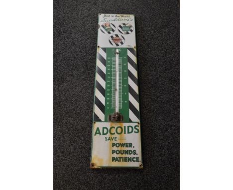Enamel advertising thermometer for Duckham's, Best In The World, Adcoids, Save Power, Pounds, Patience, green and black lette