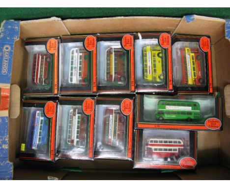 Ten 1:76 scale die cast EFE models of rear entrance double deck buses in various liveries including London Country, Ribble, E