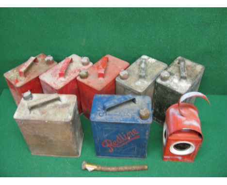 Group of seven 2 gallon fuel cans to comprise: Redline, Shell Motor Spirit and five plain together with a screw on nozzle and