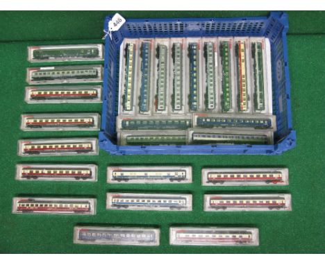 Fleischmann, twenty six N gauge Continental coaches in various liveries, all boxed
