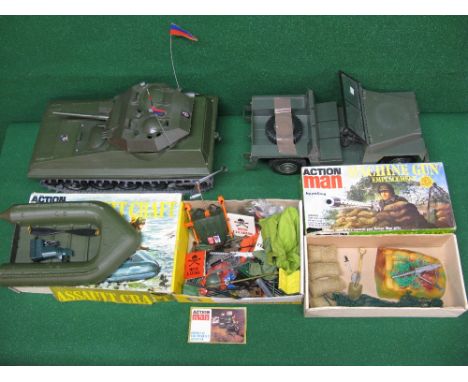 Action Man, Scorpion Tank, Air Portable Land Rover, boxed, Machine Gun Emplacement, boxed, Assault Craft with battery powered