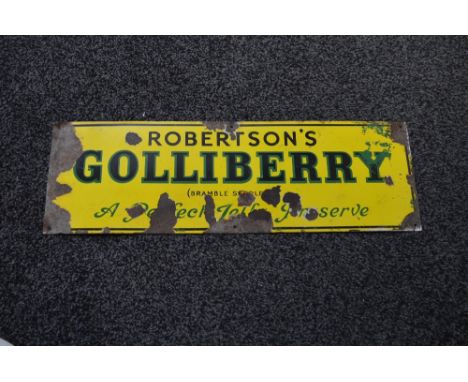 Enamel advertising sign for Robertson's Golliberry, A Perfect Jelly Preserve - black and green letters on a yellow ground - 3