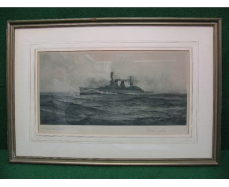 Montague Dawson, signed print of HMS Repulse at Speed, under and returning fire in the Heligoland Bight on 17th November 1917