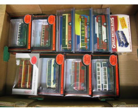 Ten 1:76 scale die cast models of buses, coaches and a tram in liveries from North East England including united and OK Motor