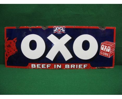 Rare enamel advertising sign for Oxo, blue, red and white with large Oxo topped by the By Appointment crest and above Beef In