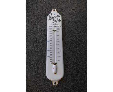 Enamel advertising thermometer for Stephens Inks, For All Temperatures, black letters on a white ground with thermometer to c