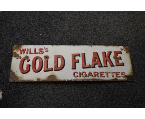 Enamel advertising sign for Wills's Gold Flake Cigarettes, red letters on a white ground - 36" x 12"