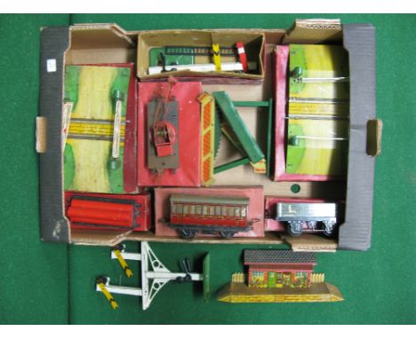 Hornby O gauge, two tinplate wagons, single coach, two level crossings, crane truck and a two arm signal, all with boxes toge