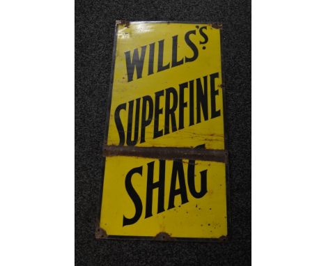 Enamel advertising sign for Wills's Superfine Shag, black letters on a yellow ground - 36" x 18" (fold to lower section)