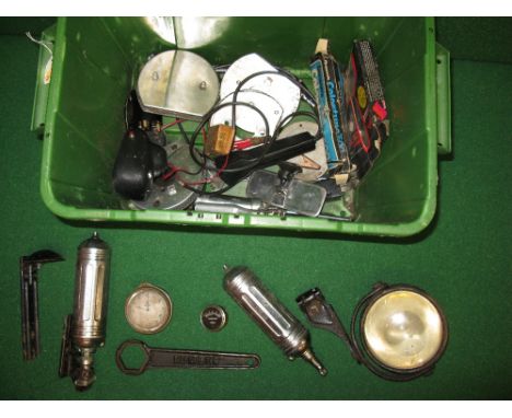 Box of car parts and tools and a possibly Crossley drive shaft - 40" long, Smiths clock, two chrome extinguishers, swivelling